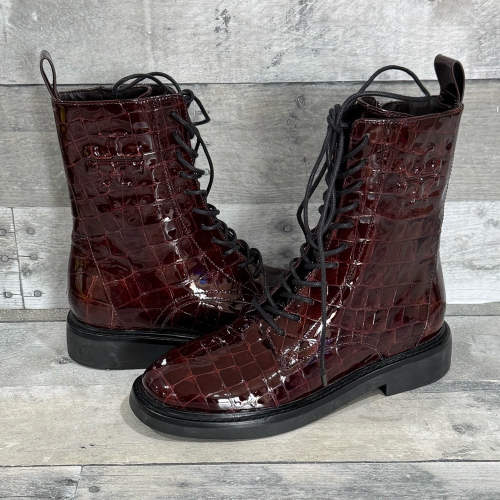 TORY BURCH Double T Leather Combat Boots - Brown Croc - Sz - 5 Women’s
